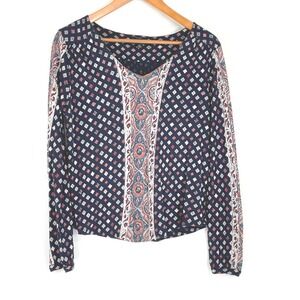 Lucky Brand Womens Top Small Blouse Navy Geometric Paisley Boho V-Neck Peasant